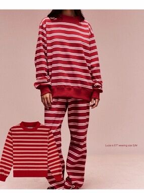 Striped Red & White Oversized Sweatshirt - Women's Cozy Pullover